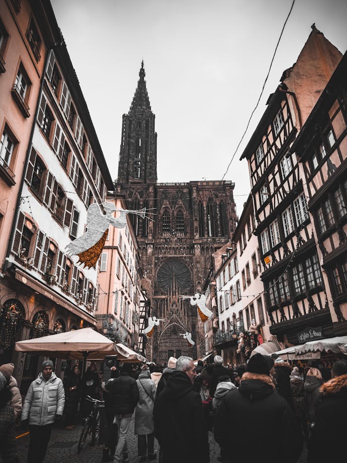 Crowd at Strasbourg Cathedral with festive Christmas decorations, capturing the festive atmosphere of the old town.